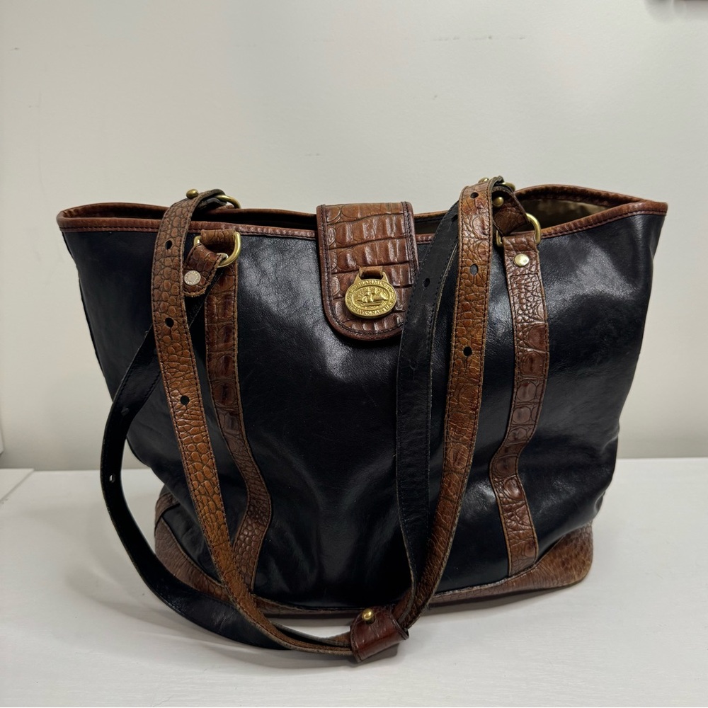 Brahmin Vintage Leather Tote Black‎ Brown Croc Embossed Large Shoulder Bag
